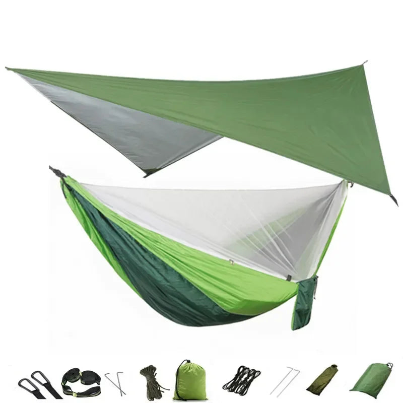 Camping Hammock with Mosquito Net and Rain Fly Tarp,Portable Parachute Tree Hammock Nylon Swing Hammocks Sun Shelter Rain Fly