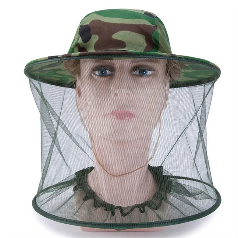 Camouflage Male Fishing Hat Anti-bee Insect Anti-mosquito Net Anti-insect Mesh Fishing Hat Outdoor Hat with Sun Cover