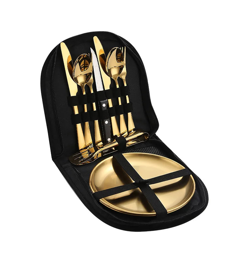 Stainless steel outdoor tableware set camping picnic knife fork spoon plate set outdoor portable meal
