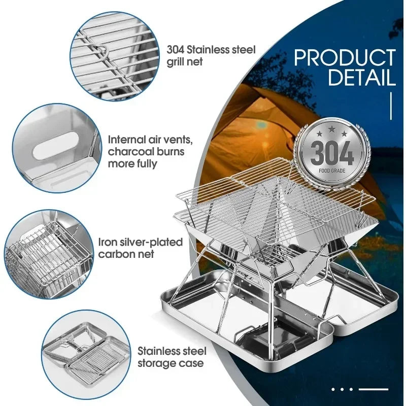 Folding Stainless Steel Camping Fire Pit Portable Charcoal Grill Backpacking Grill for Outdoor Cooking Hiking Camping Picnics