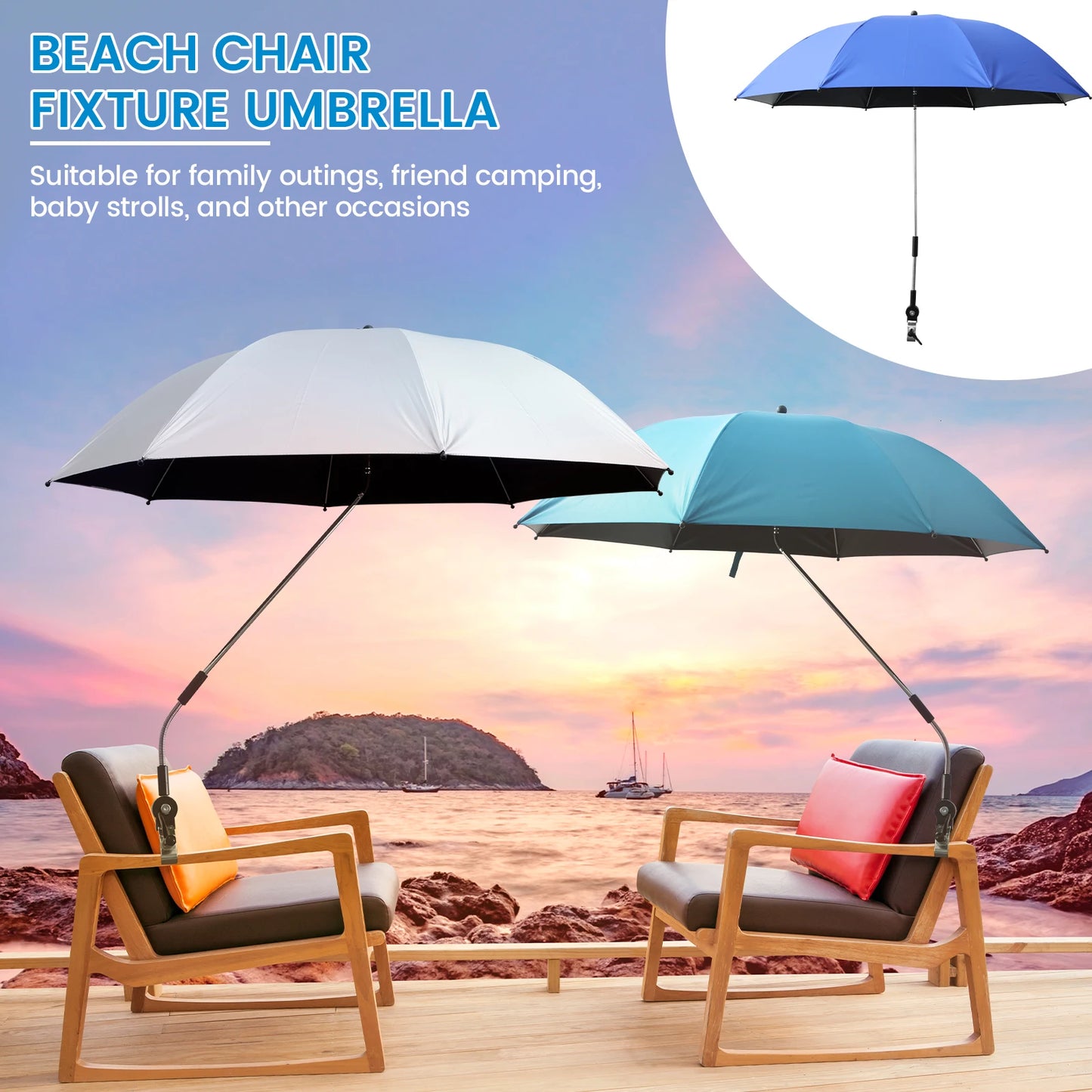 Beach Umbrella Adjustable Shade Umbrella Outdoor with Large Opening Clip Portable Umbrella Beach Camping Chair Wheelchair
