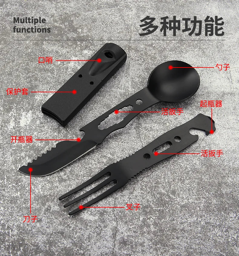 Outdoor Set Multi functional Camping Knives Camping Tableware Outdoor Wind Combination Stainless Steel with Whistle Spoon Fork
