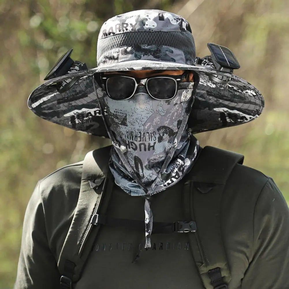 Solar Powered Cooling Hat Men Fisherman Hat Large Brim Windproof Strap USB Rechargeable Fan Hat Outdoor Fishing Camping Cap
