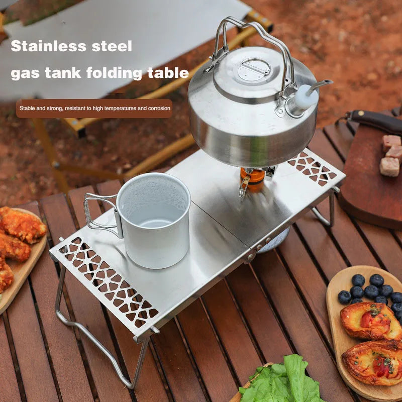 Outdoor Camping Stainless Steel Folding Gas Stove Table BBQ Portable Versatile Steel Table & Mini Burner Picnic Cooker