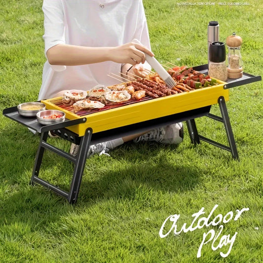 Camping Barbecue Grill, Foldable Portable Barbecue Grill for Outdoor, Camping & Courtyard Barbecue, with Extended Table Board