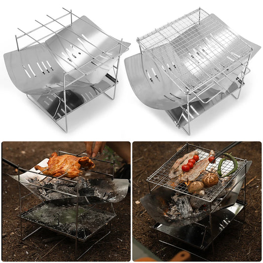 Camping BBQ Grill Portable Camping Fire Grill Folding Camping Firepit Stainless Steel Outdoor Wood Burner for Camping Picnic