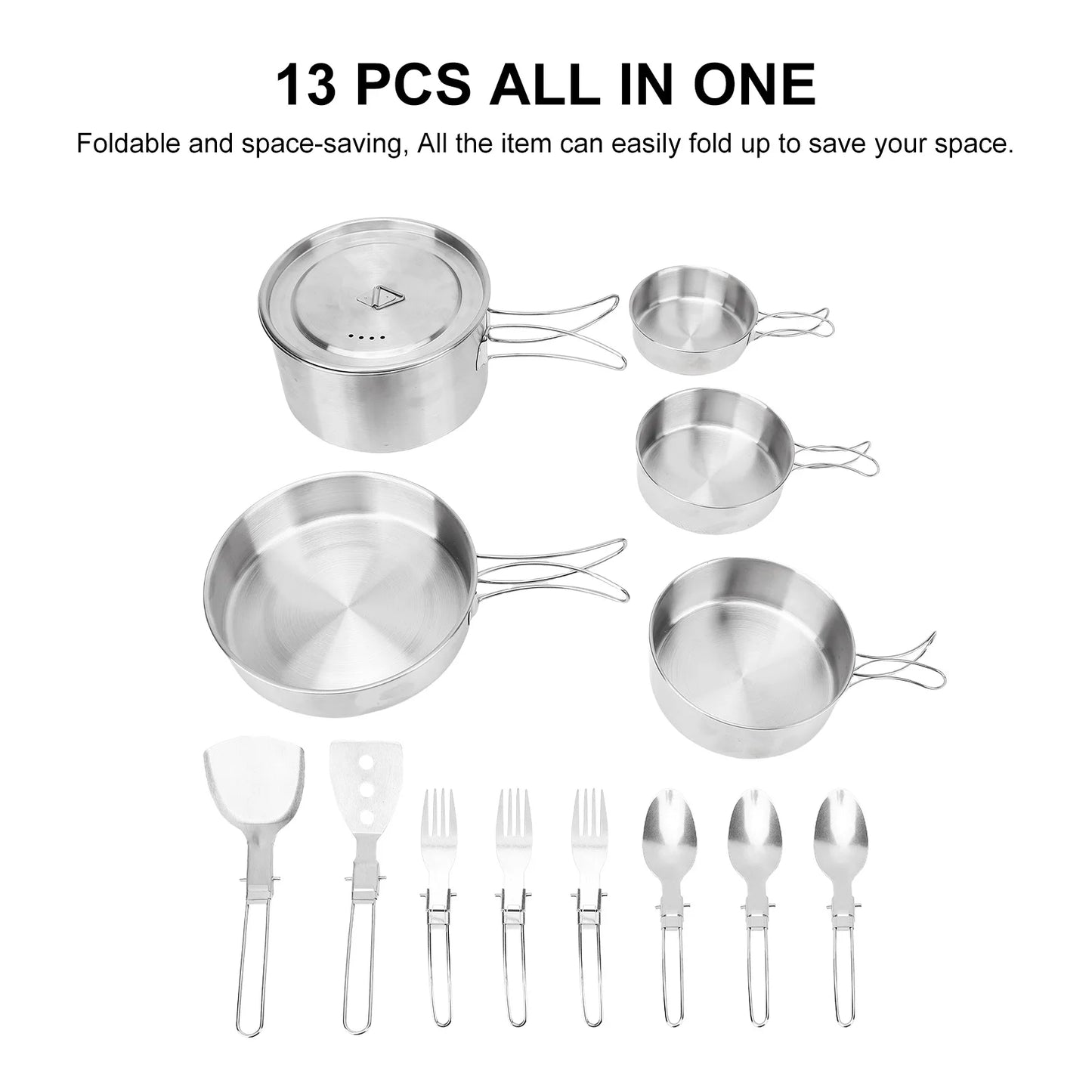 Camp Cookware Stainless Steel Camping Cookware Set Foldable Handle Portable Cookware Lightweight Cookware Set For 3 People