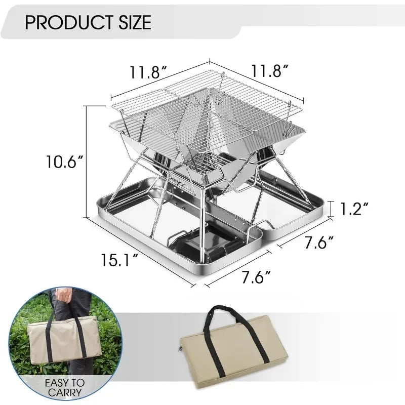 Folding Stainless Steel Camping Fire Pit Portable Charcoal Grill Backpacking Grill for Outdoor Cooking Hiking Camping Picnics