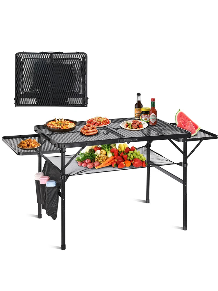 Camping Barbecue Table With Expansion Board Adjustable Height Folding Table Mesh Top Portable Outdoor Indoor Beach Travel