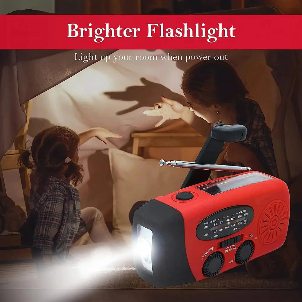 Solar Hand Crank Powered Camping Light with AM/FM Radio Outdoor 2000mAh USB Charging Multifunctional Hand Dynamo LED Flashlight