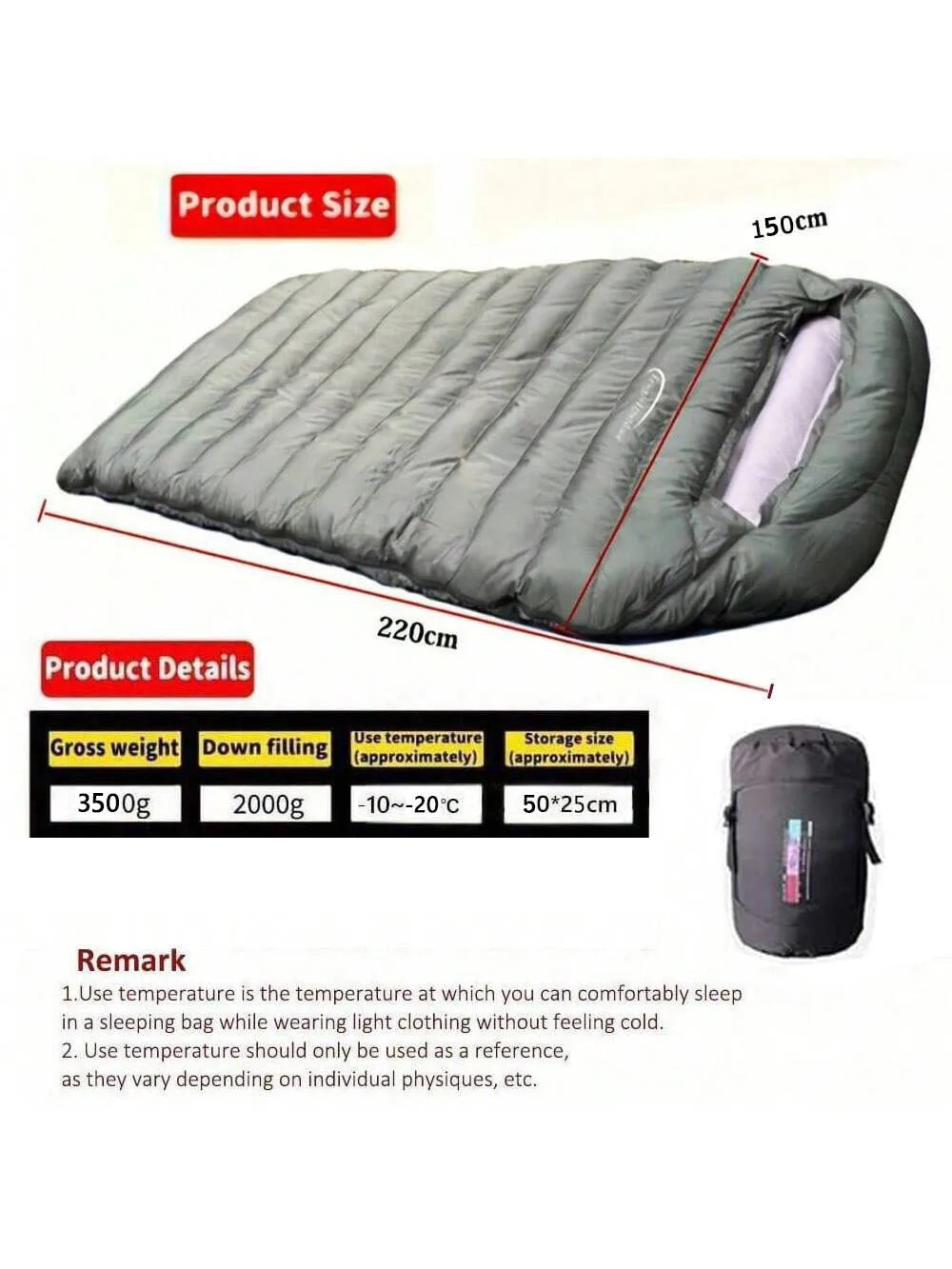 Outdoor camping, mummy style, double sleeping bag, 93% duck down 2000g filling, thickened, cold-proof and warm, adult sleeping b
