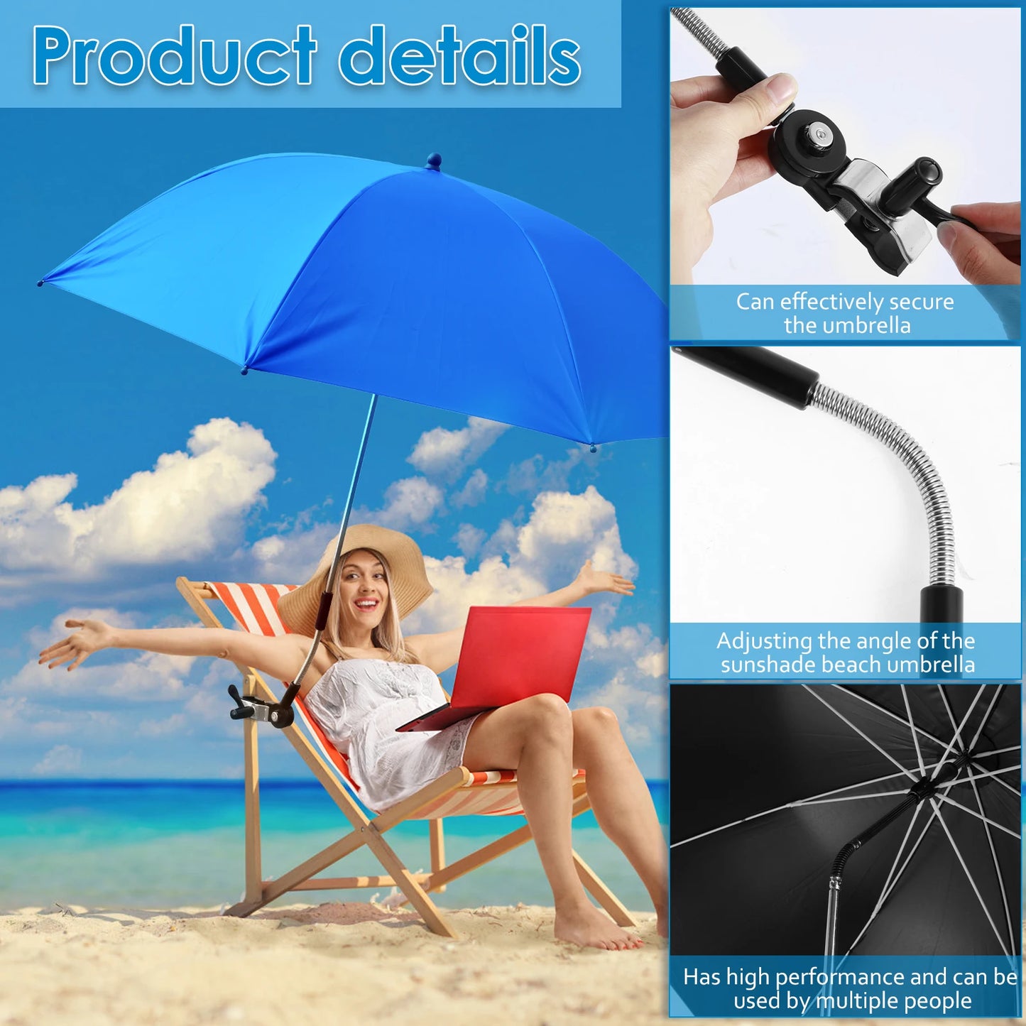 Beach Umbrella Adjustable Shade Umbrella Outdoor with Large Opening Clip Portable Umbrella Beach Camping Chair Wheelchair