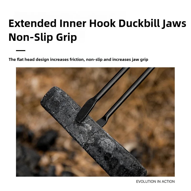 MOUNTAINHIKEOutdoor camping can be done by blowing fire barbecuing iron duck billed fire tongs solid wood handles charcoal clips