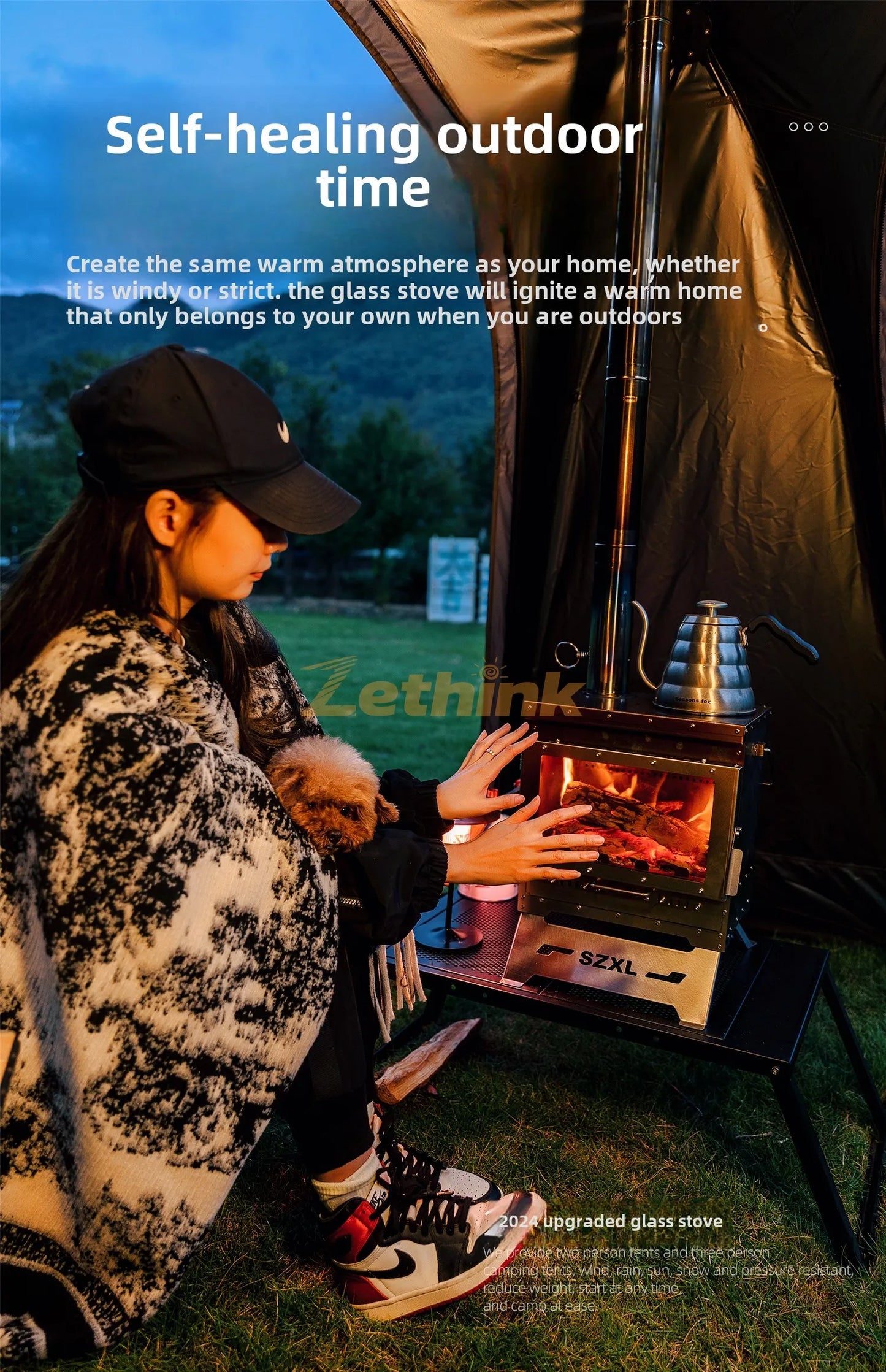 Camping Tent Stove Stainless Steel Smokeless Fireplace Secondary Burning Wood Stove Large Glass Window Firewood Heater