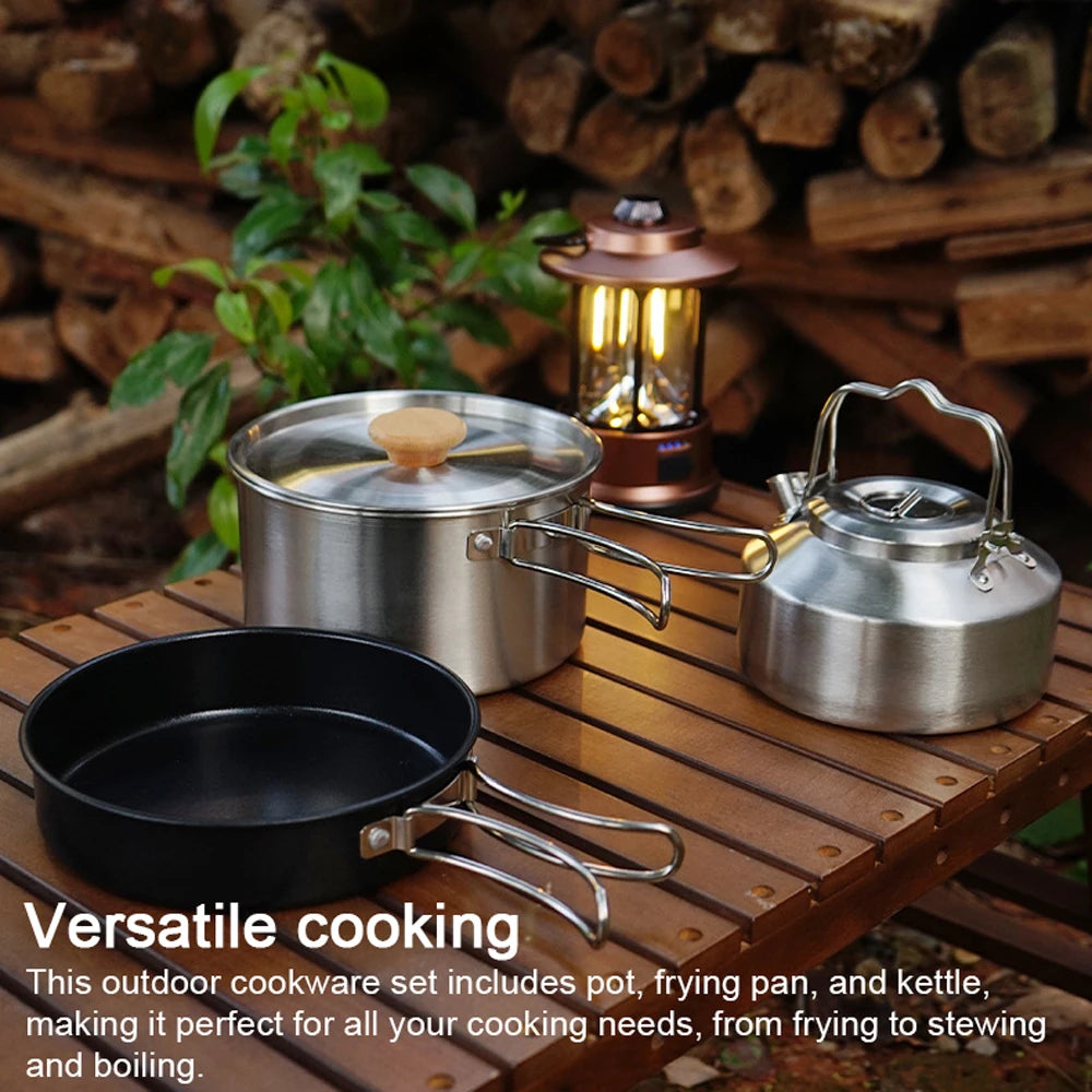 Camping Cookware Set Outdoor Picnic Cookware Kit Stainless Steel Pot Frying Pan Kettle Set Travel Cooking Accessory