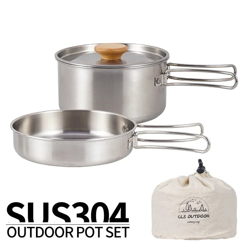 Camping Pot Set 304 Stainless Steel Outdoor Cookware Kit Cooking Set Travel Tableware Tourism Hiking Picnic Equipment 2pcs Set