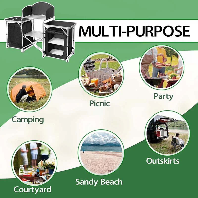 Outdoor Camping Folding Table with Large Storage Organizer Lightweight Aluminum Camping Kitchen Cooking Station with Carry Bag