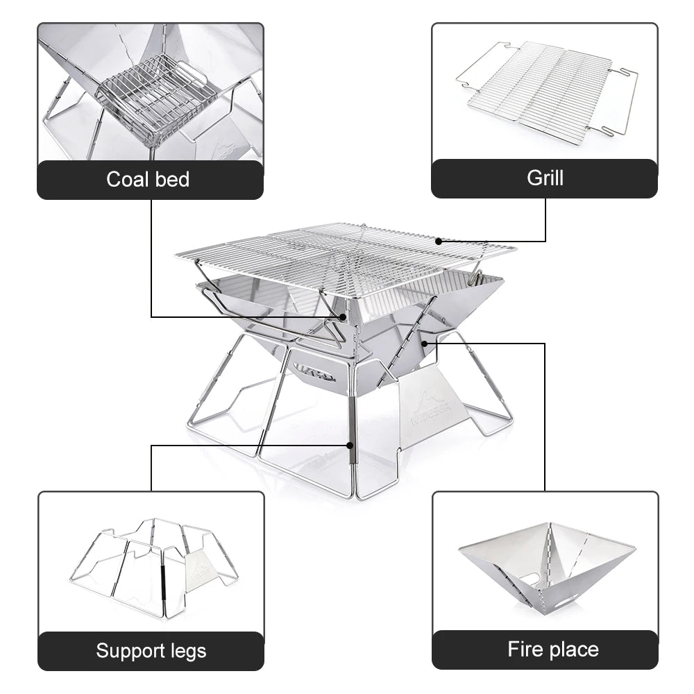 Widesea Windproof Wood-Burning Camping Grill Outdoor Stainless Steel Wilderness Survival BBQ Equipment for Tourists