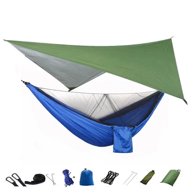 Camping Hammock with Mosquito Net and Rain Fly Tarp,Portable Parachute Tree Hammock Nylon Swing Hammocks Sun Shelter Rain Fly