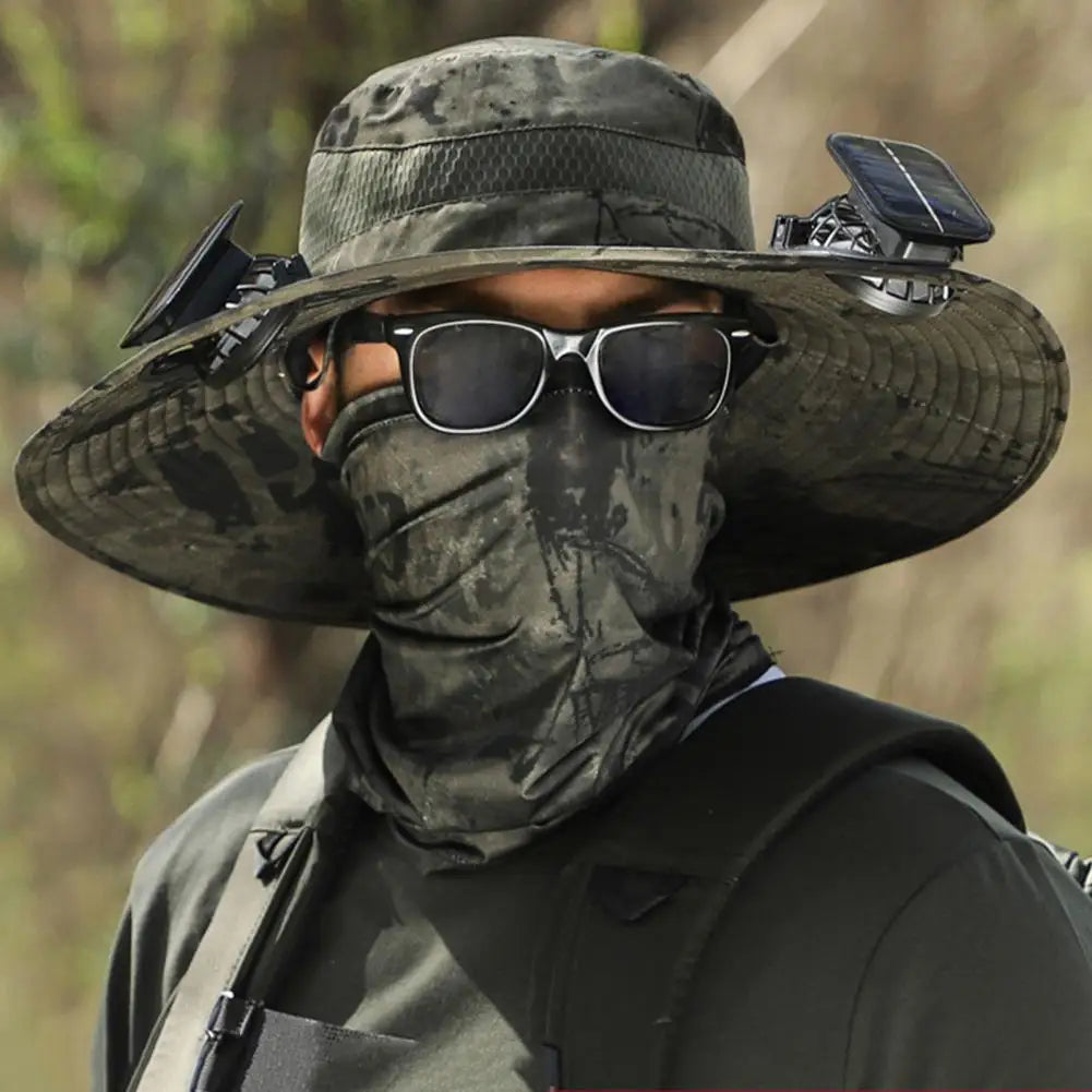 Solar Powered Cooling Hat Men Fisherman Hat Large Brim Windproof Strap USB Rechargeable Fan Hat Outdoor Fishing Camping Cap