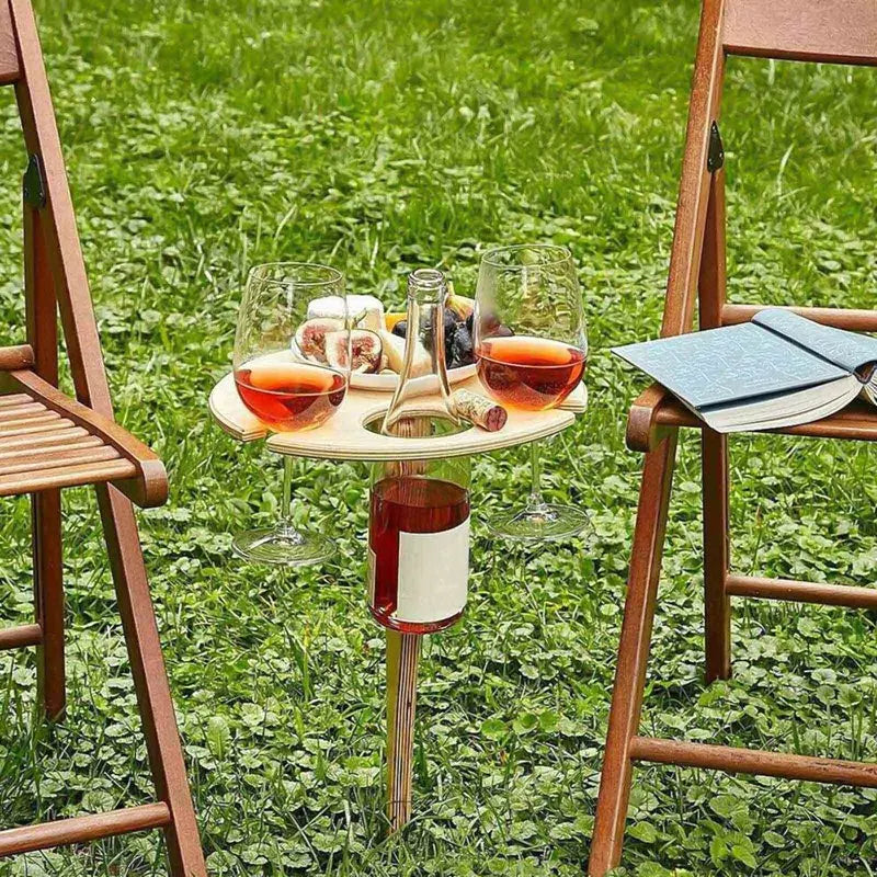 1PC Outdoor Wine Table with Foldable Round Desktop Mini Wooden Picnic Table Picnic Camping Wine Table Goblet Holder Wine Rack