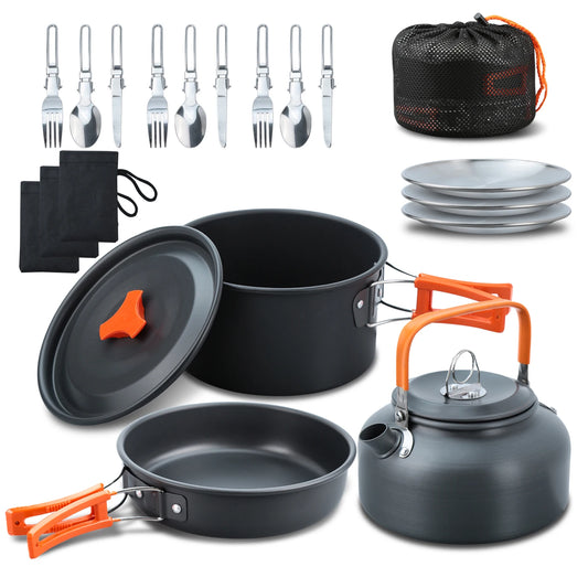 Outdoor Camping Cookware Set Portable Picnic Tableware Frying Pan Soup Pot Kettle Plate Knives Spoons Forks