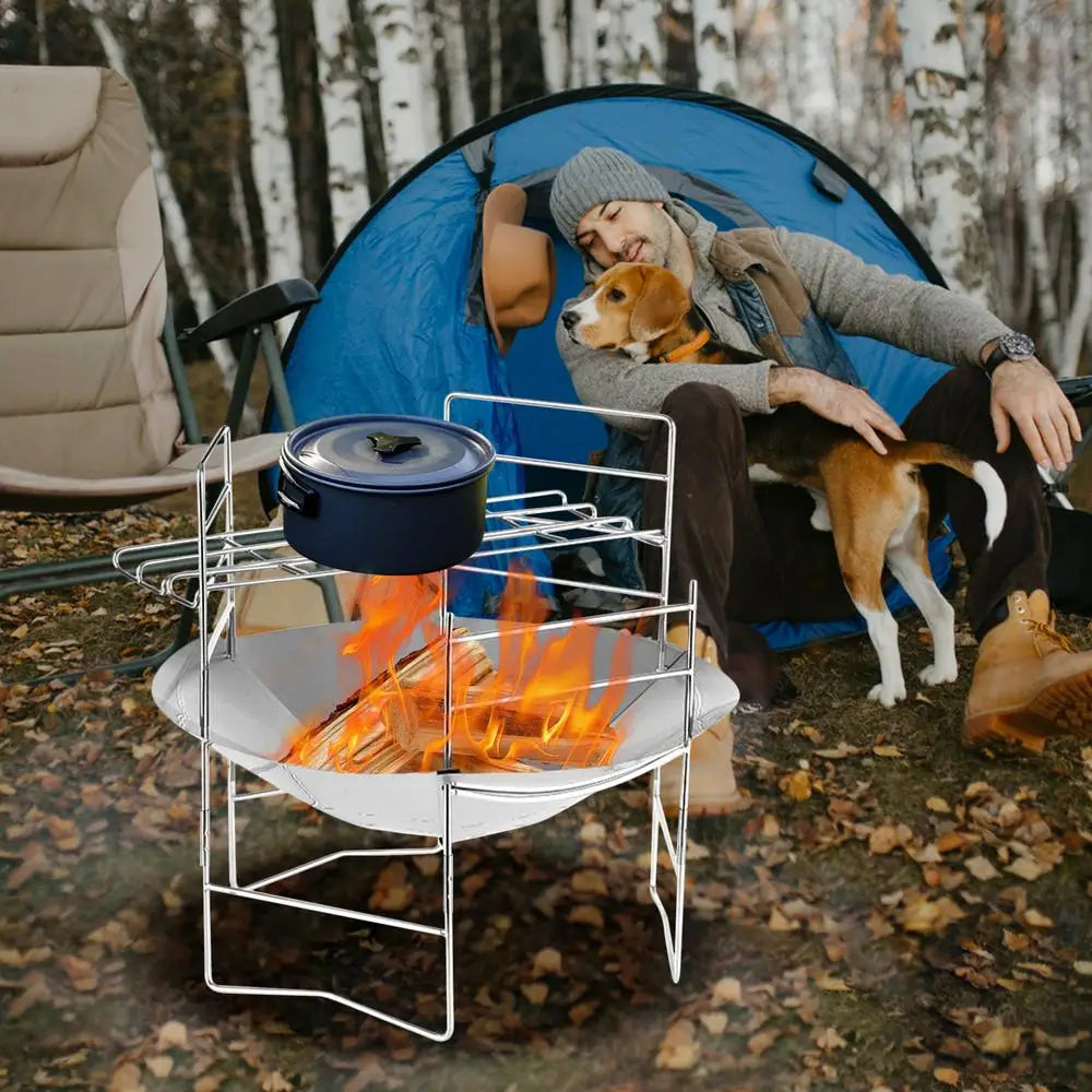 camping Bonfire Fire Pit Grill Foldable Circular Bonfire Stand Portable Firewood Stove Cookable Camping Stove Grill Burning