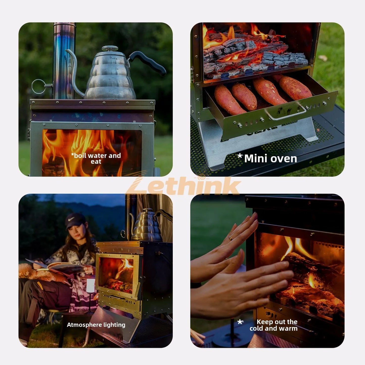 Camping Tent Stove Stainless Steel Smokeless Fireplace Secondary Burning Wood Stove Large Glass Window Firewood Heater