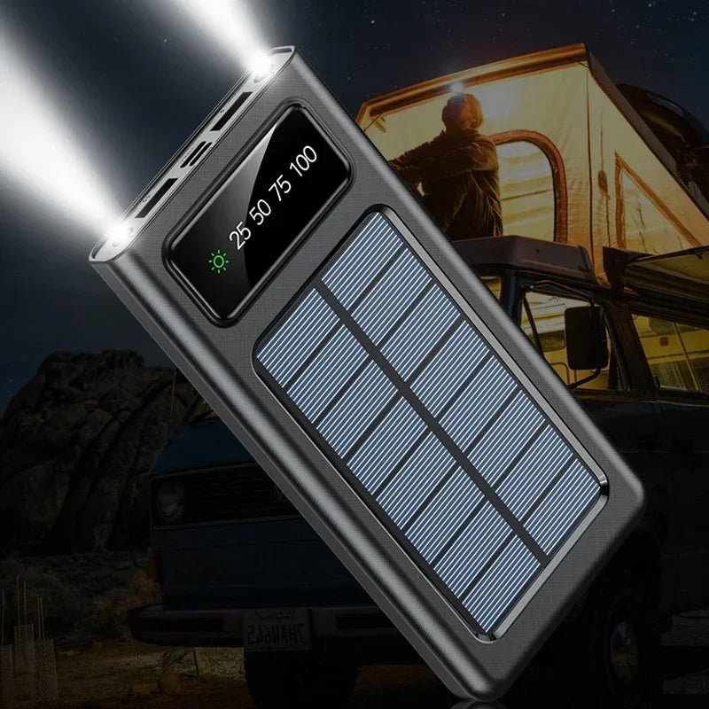 200000mah Solar Powered Power Bank With Light Large Capacity Ultra Fast Charging Digital Display Screen 4-Wire External Battery
