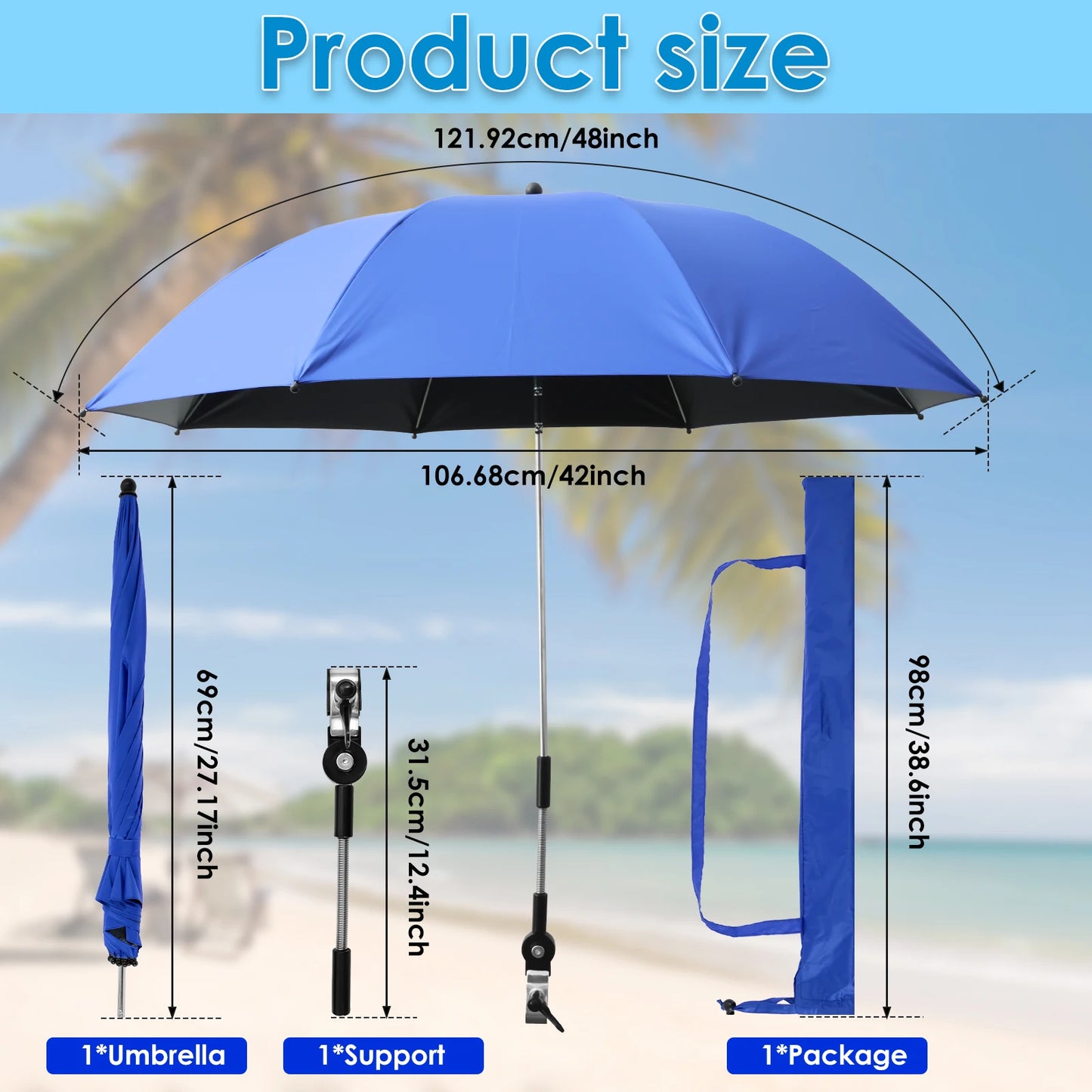 Beach Umbrella Adjustable Shade Umbrella Outdoor with Large Opening Clip Portable Umbrella Beach Camping Chair Wheelchair