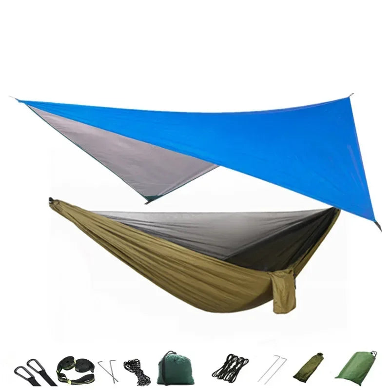 Camping Hammock with Mosquito Net and Rain Fly Tarp,Portable Parachute Tree Hammock Nylon Swing Hammocks Sun Shelter Rain Fly