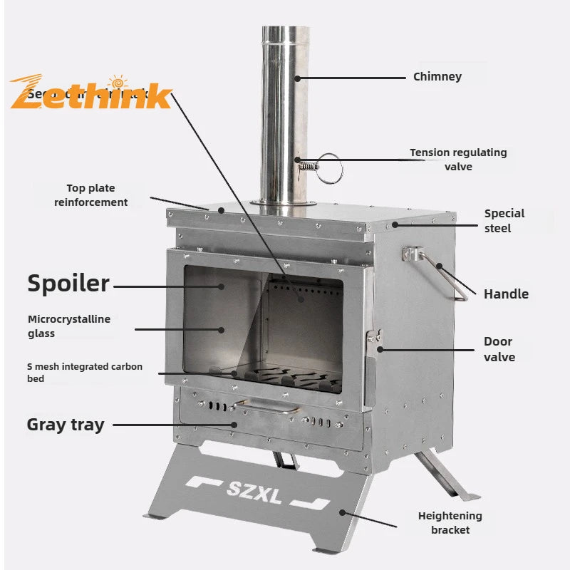 Camping Tent Stove Stainless Steel Smokeless Fireplace Secondary Burning Wood Stove Large Glass Window Firewood Heater