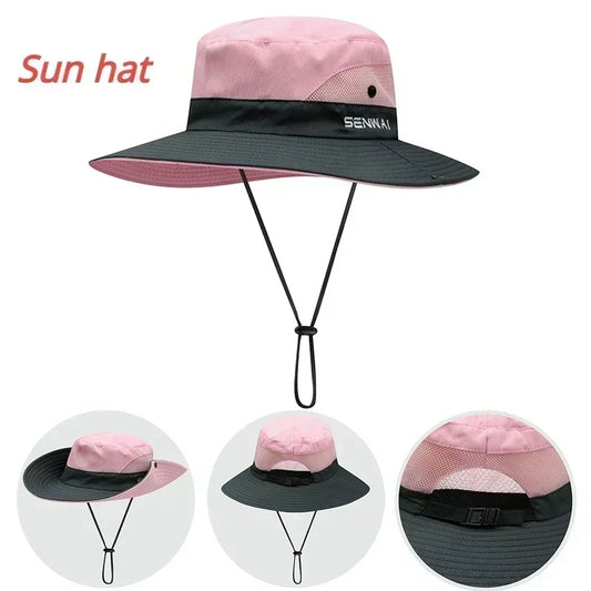 1PCS Women's Ponytail Sun Hat UV Protection Adjustable Foldable Mesh Wide Brim Colorblock Fishing Hat