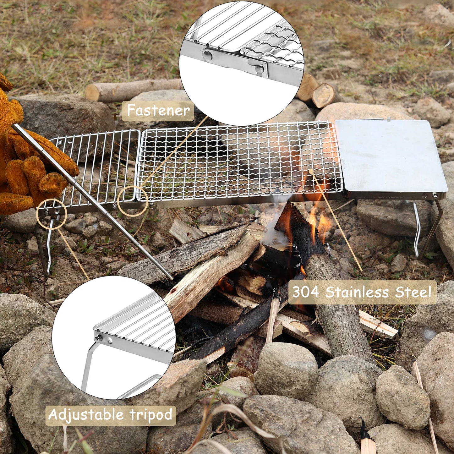Folding Campfire Grill, Portable Camping Grill Grate, 304 Stainless Steel Camp Fire Cooking Racks for Compact Storage