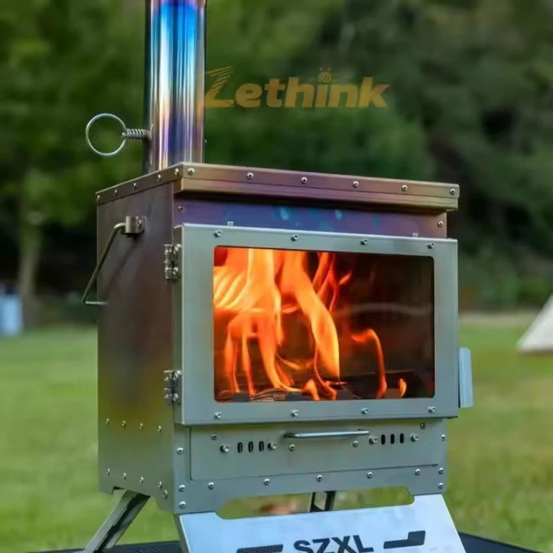 Camping Tent Stove Stainless Steel Smokeless Fireplace Secondary Burning Wood Stove Large Glass Window Firewood Heater