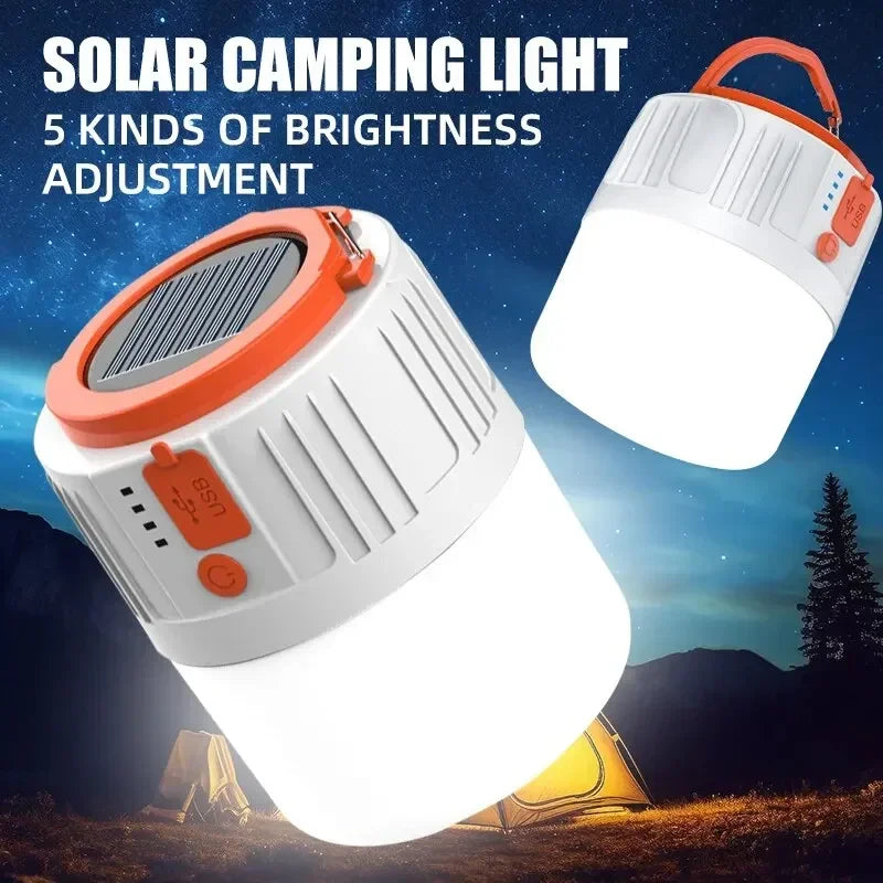 Solar LED Camping Light Bulb 6 Lighting Modes USB Rechargeable Power Bank Outdoor BBQ Tents Hanging Emergency Light