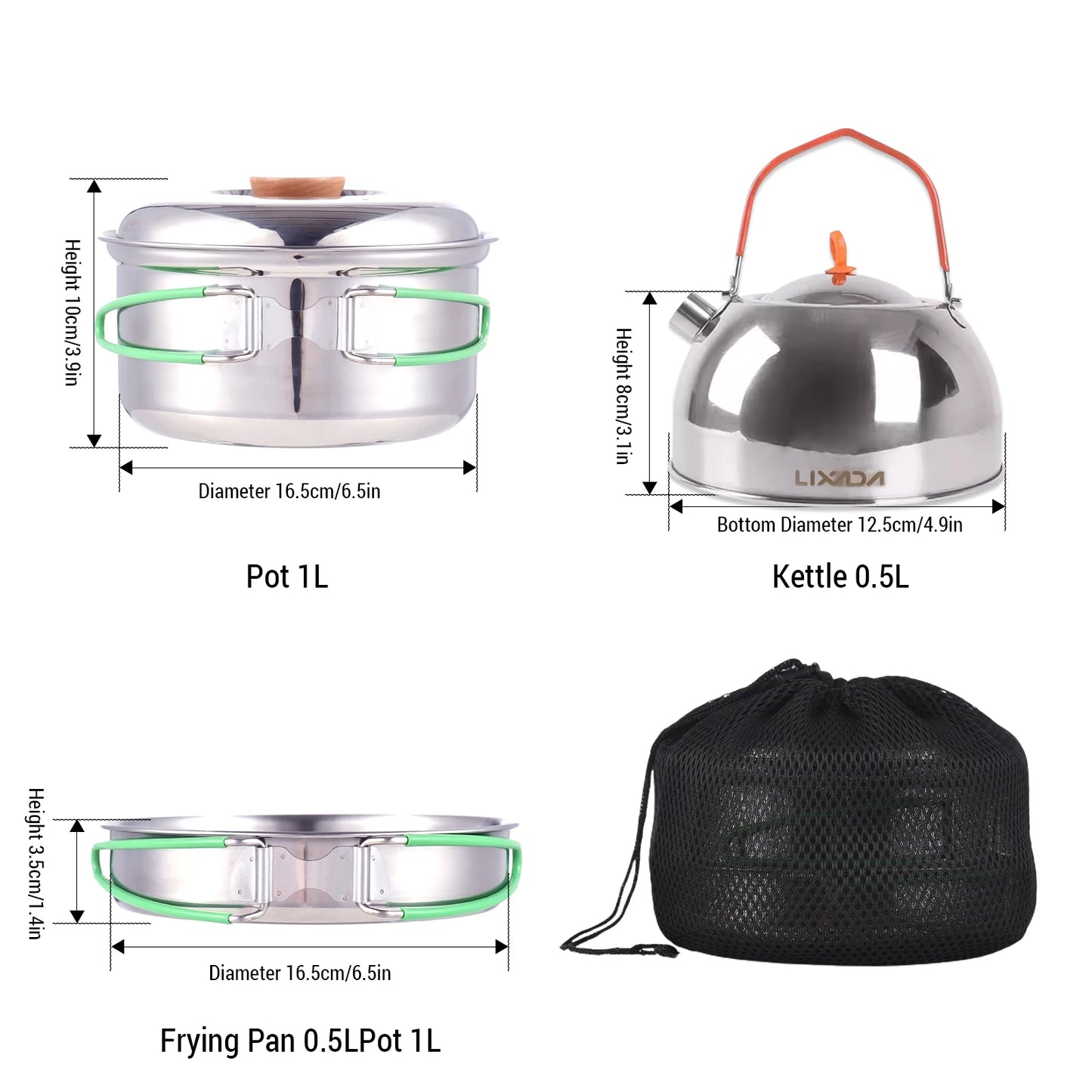Collapsible Camping Cookware Stainless Steel for 1-2 People Cooking Pot Frying Pan Suitable for All Stove Types Lightweight