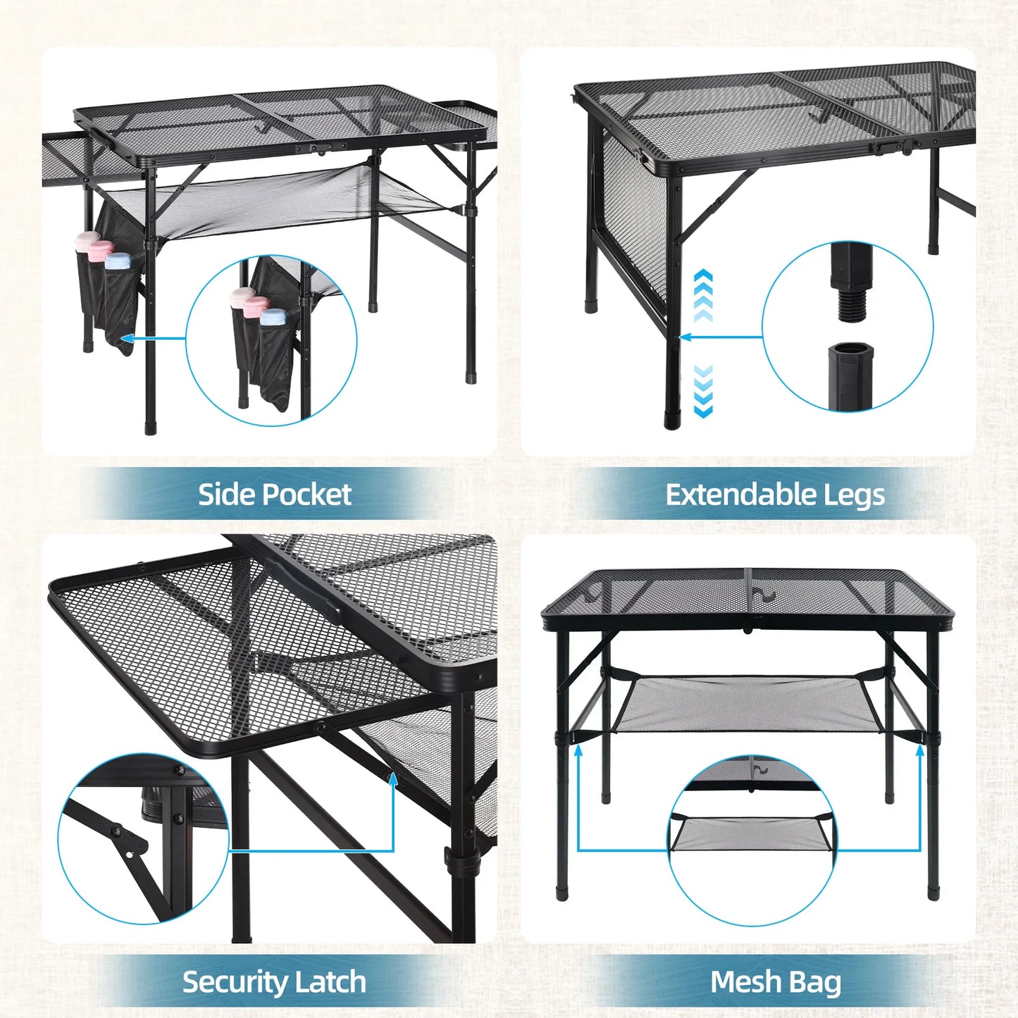Camping Barbecue Table With Expansion Board Adjustable Height Folding Table Mesh Top Portable Outdoor Indoor Beach Travel