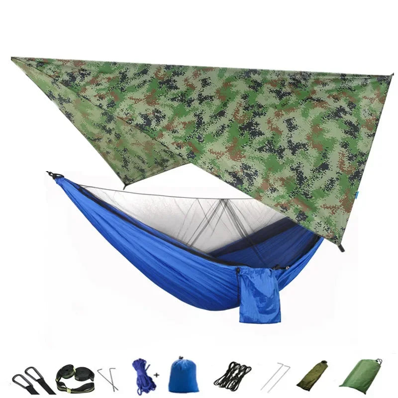 Camping Hammock with Mosquito Net and Rain Fly Tarp,Portable Parachute Tree Hammock Nylon Swing Hammocks Sun Shelter Rain Fly