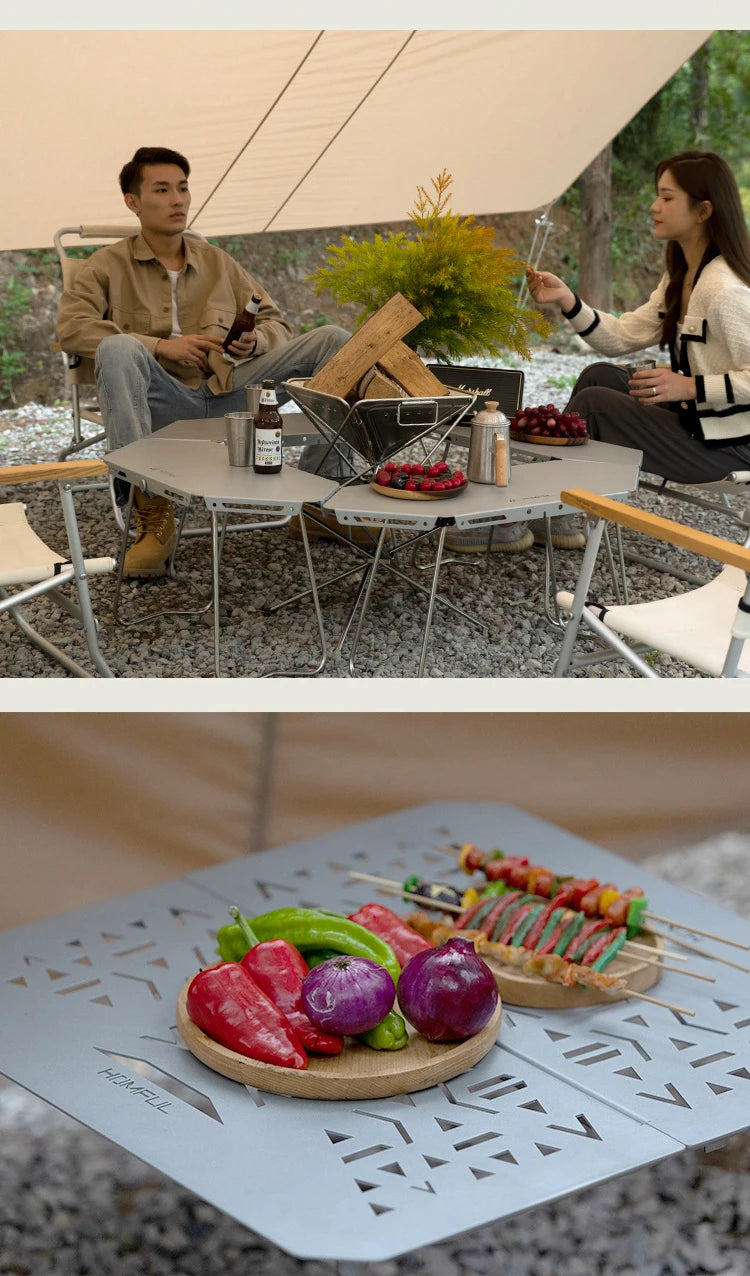 HOMFULOutdoor Stainless Steel Barbecue Campfire Table Camping Multifunctional Portable Foldable Splicing Combination Round Table