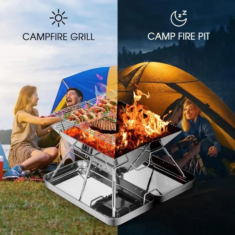 Folding Stainless Steel Camping Fire Pit Portable Charcoal Grill Backpacking Grill for Outdoor Cooking Hiking Camping Picnics