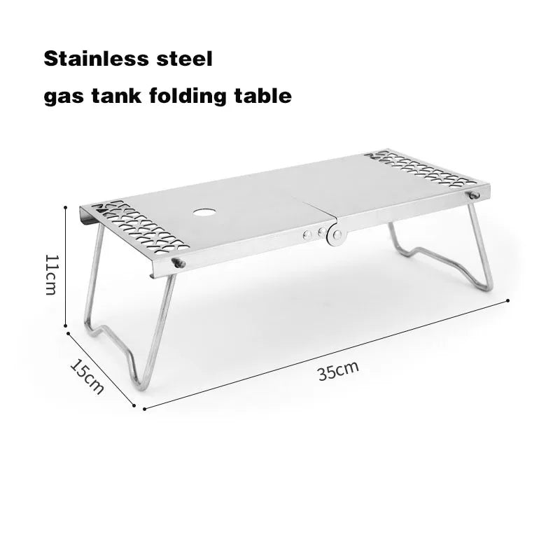 Outdoor Camping Stainless Steel Folding Gas Stove Table BBQ Portable Versatile Steel Table & Mini Burner Picnic Cooker