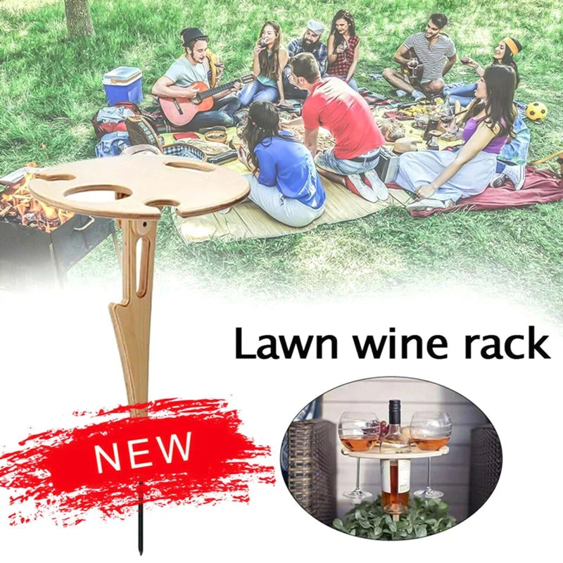 1PC Outdoor Wine Table with Foldable Round Desktop Mini Wooden Picnic Table Picnic Camping Wine Table Goblet Holder Wine Rack