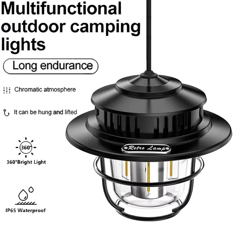 Camping Lamp LED Retro Hanging Lamp Portable Stepless Dimming Camping Light Waterproof Rechargeable Outdoor Light Hand Lantern