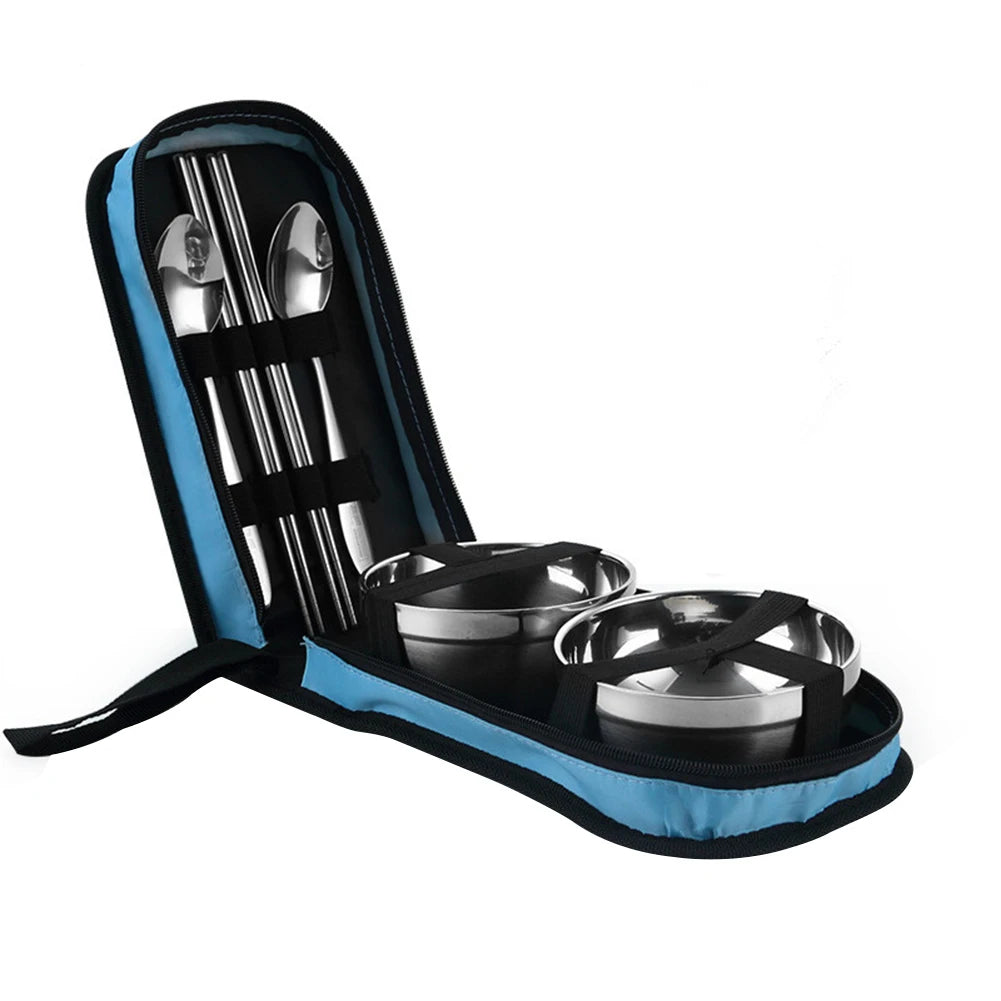 Camping Tableware Kit Bowl Spoon Chopsticks with Storage Bag Stainless Steel Folding Outdoor Hiking Picnic Travel Tableware Set