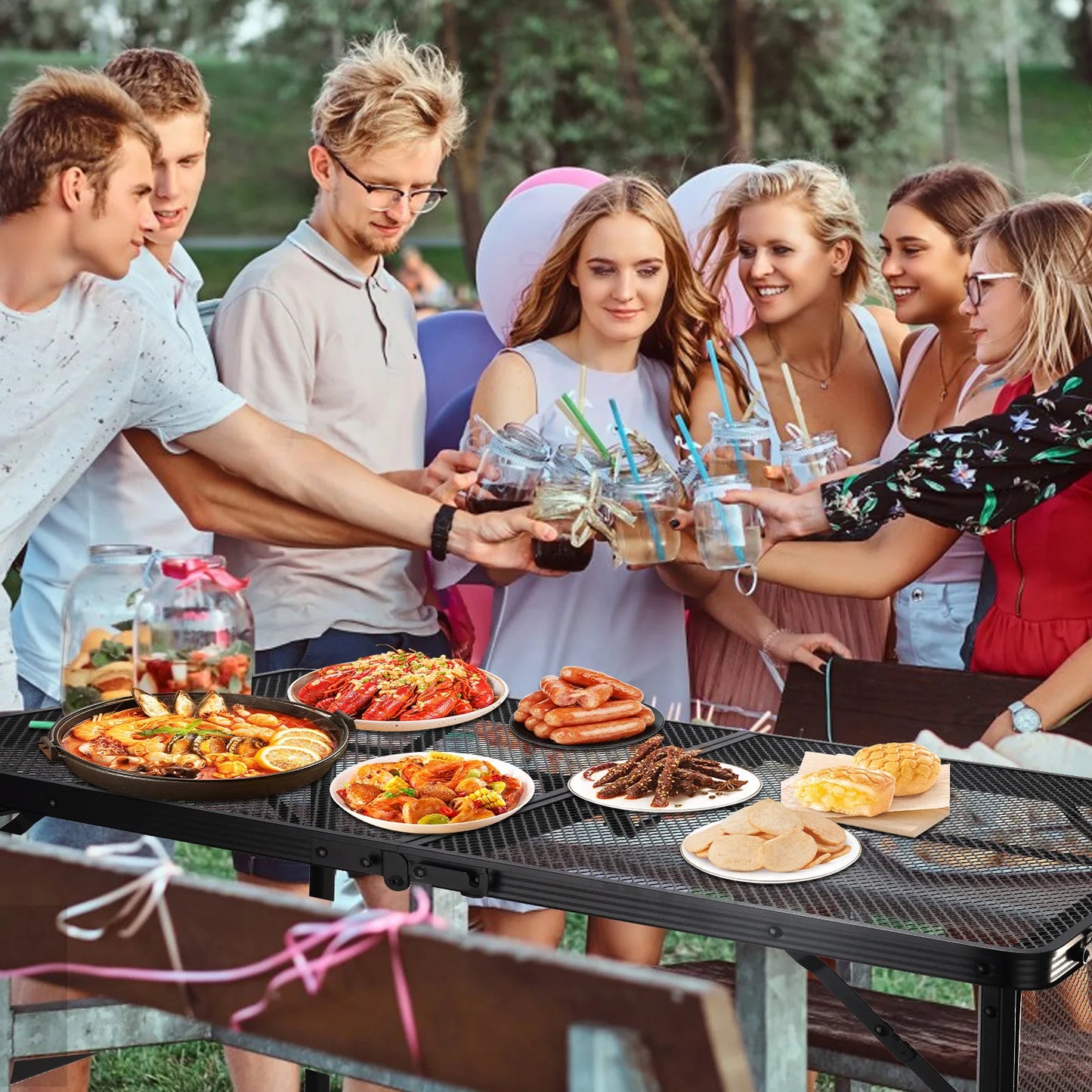 Camping Barbecue Table With Expansion Board Adjustable Height Folding Table Mesh Top Portable Outdoor Indoor Beach Travel