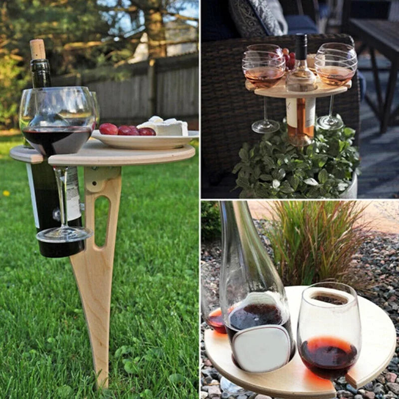 1PC Outdoor Wine Table with Foldable Round Desktop Mini Wooden Picnic Table Picnic Camping Wine Table Goblet Holder Wine Rack