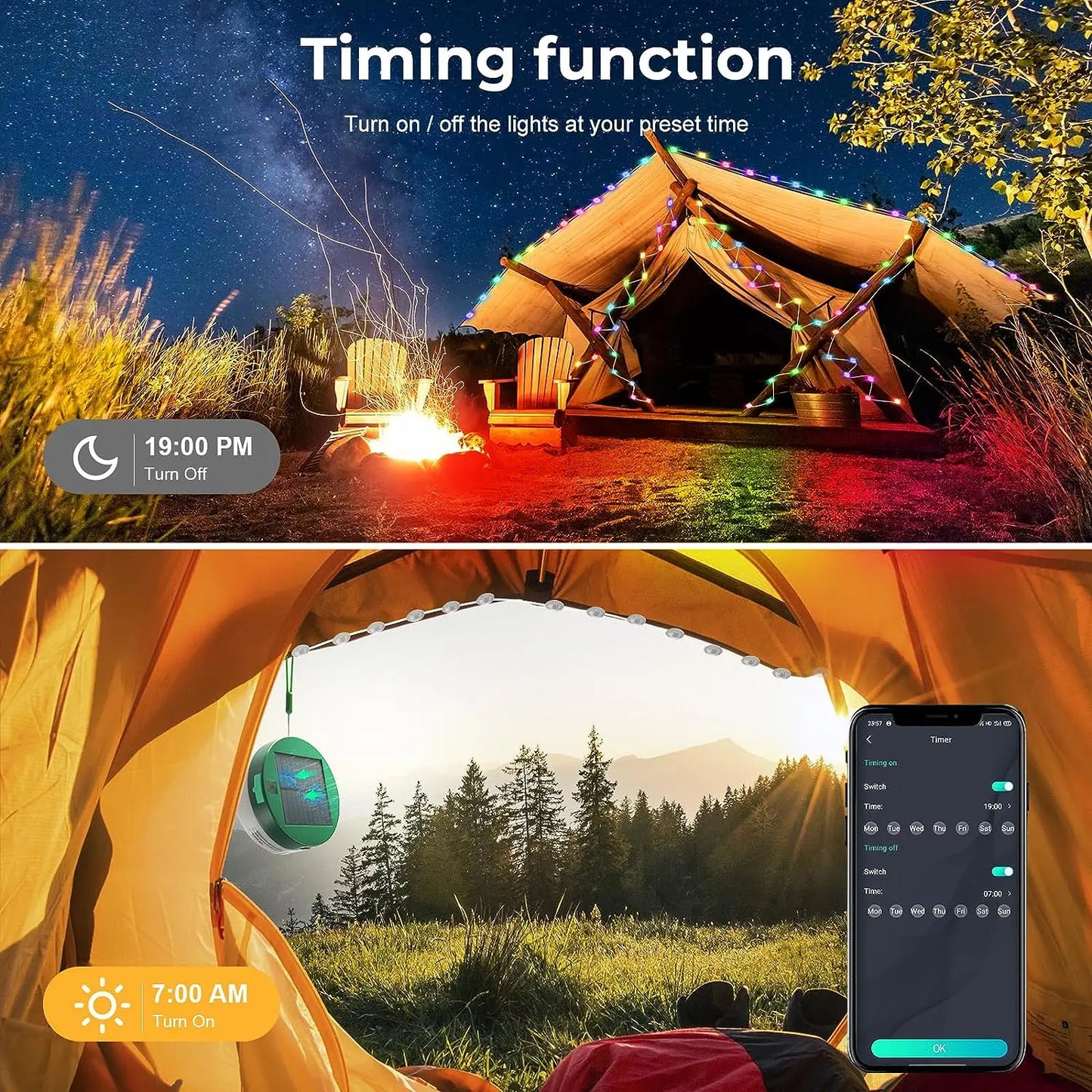 Solar Camping Lights LED Outdoor String Lights RGBIC USB Rechargeable with Storage Case APP IP65 for Camping Garden Christmas