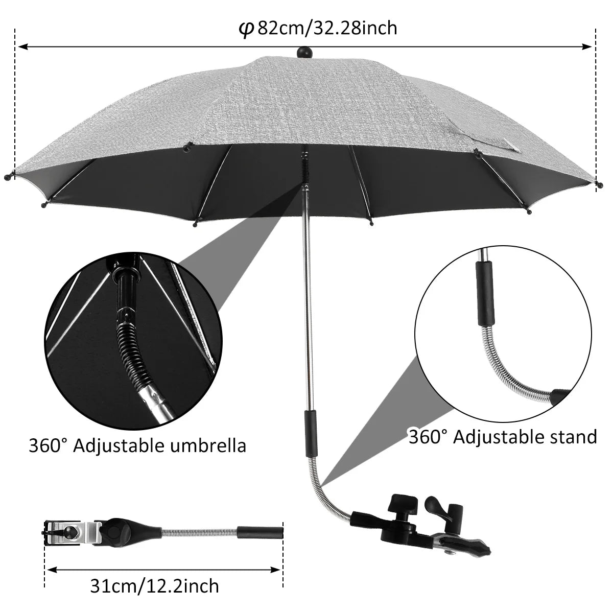 Beach Umbrella Adjustable Shade Umbrella Outdoor with Large Opening Clip Portable Umbrella Beach Camping Chair Wheelchair