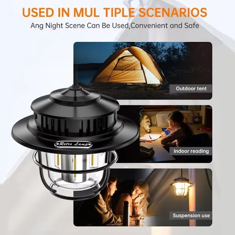 Camping Lamp LED Retro Hanging Lamp Portable Stepless Dimming Camping Light Waterproof Rechargeable Outdoor Light Hand Lantern